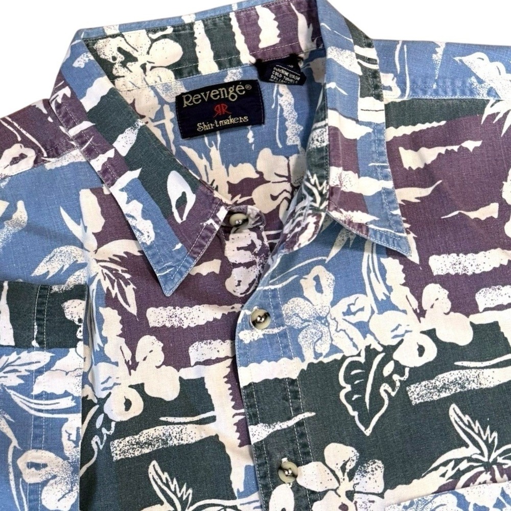 Revenge Shirtmakers Button Up Shirt Men XL Blue Purple Tropical Vintage Hawaiian